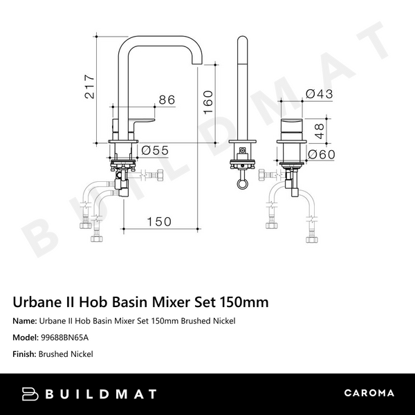 Caroma Urbane II Hob Basin Mixer Set 150mm Brushed Nickel