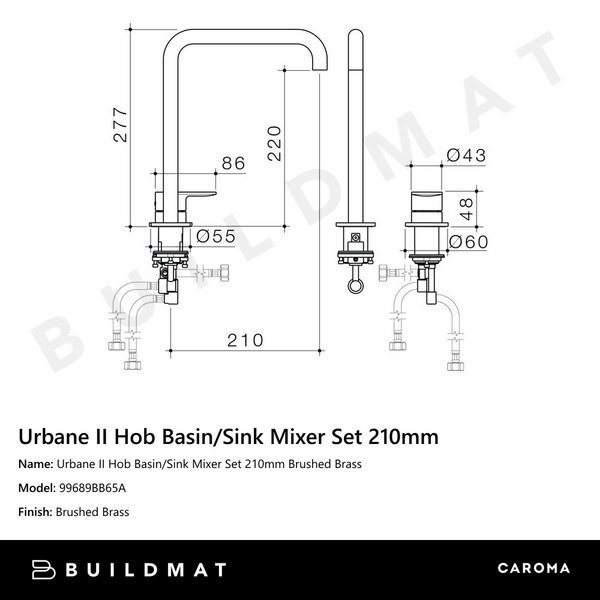 Caroma Urbane II Hob Basin/Sink Mixer Set 210mm Brushed Brass