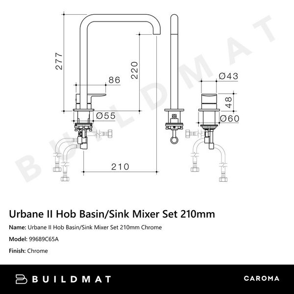 Caroma Urbane II Hob Basin/Sink Mixer Set 210mm Chrome