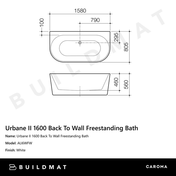 Caroma Urbane II 1600 Back To Wall Freestanding Bath