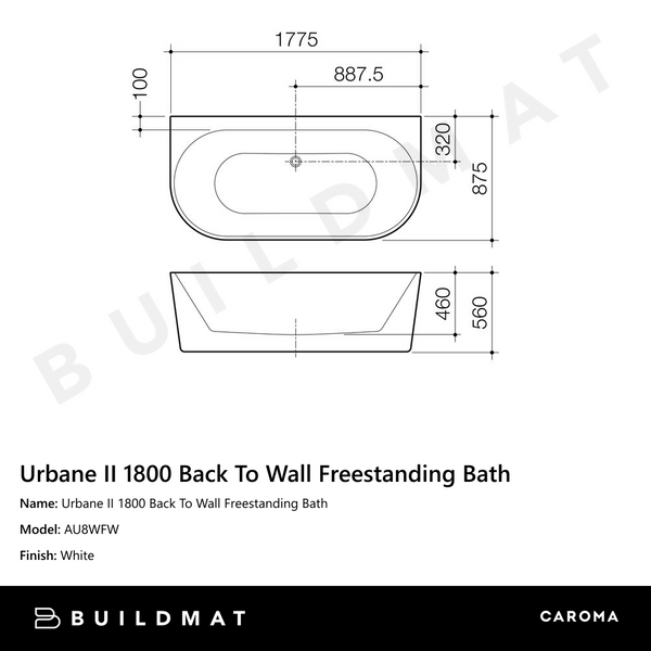 Caroma Urbane II 1800 Back To Wall Freestanding Bath
