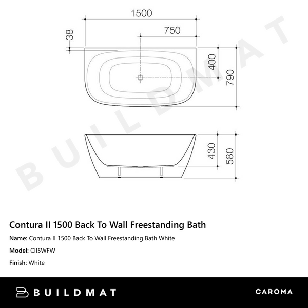Caroma Contura II 1500 Back To Wall Freestanding Bath White