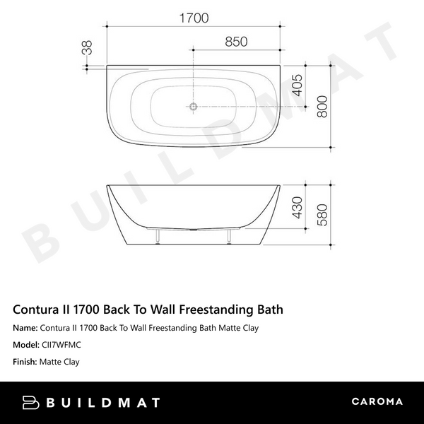 Caroma Contura II 1700 Back To Wall Freestanding Bath Matte Clay