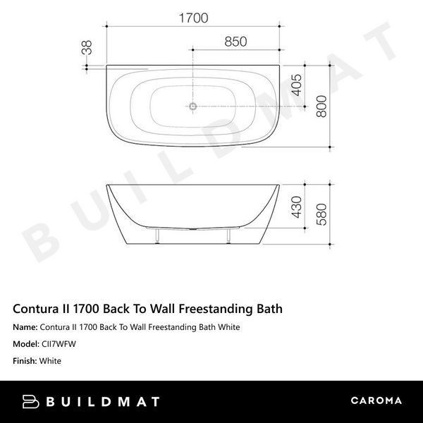Caroma Contura II 1700 Back To Wall Freestanding Bath White