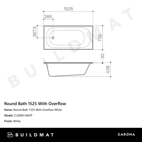 Caroma Round Bath 1525 With Overflow White