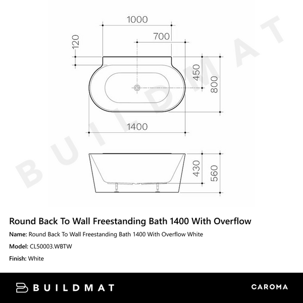 Caroma Round Back To Wall Freestanding Bath 1400 With Overflow White