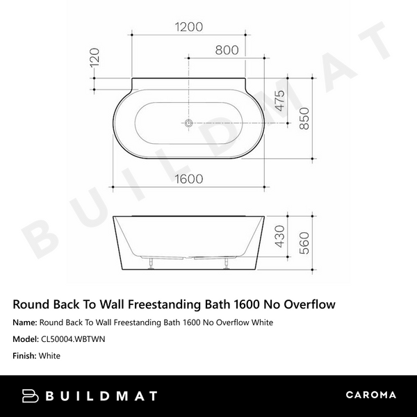 Caroma Round Back To Wall Freestanding Bath 1600 No Overflow White