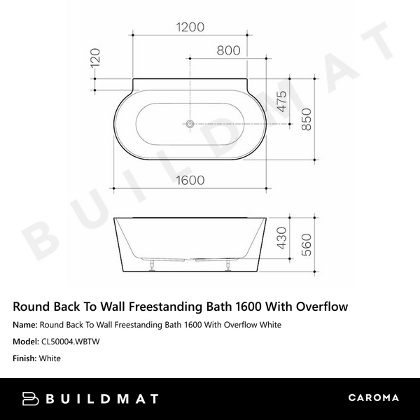 Caroma Round Back To Wall Freestanding Bath 1600 With Overflow White