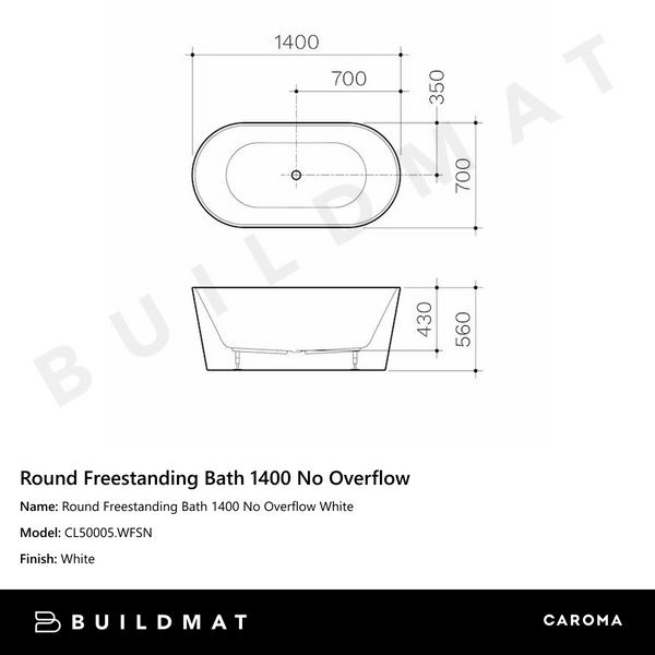 Caroma Round Freestanding Bath 1400 No Overflow White
