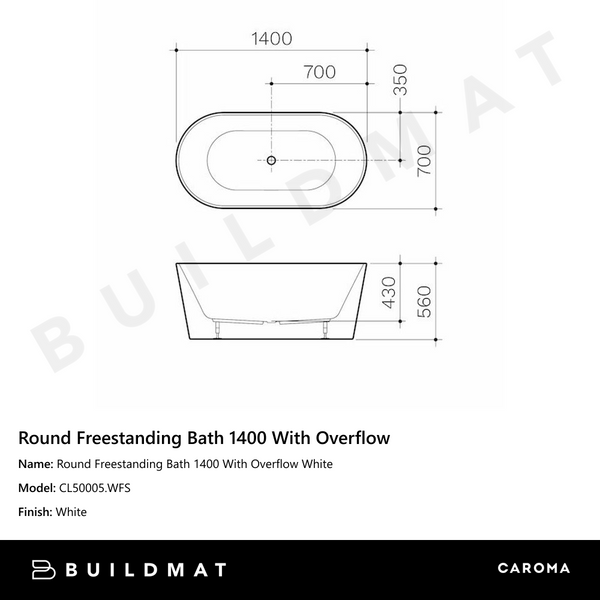 Caroma Round Freestanding Bath 1400 With Overflow White