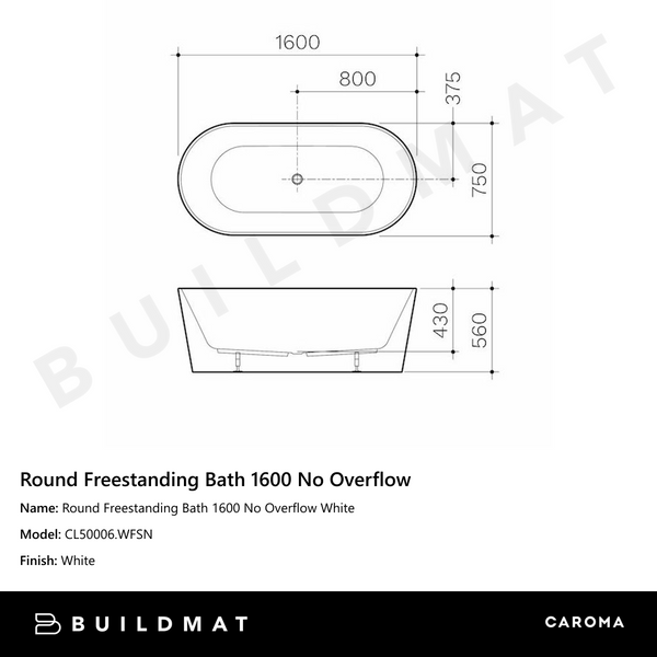 Caroma Round Freestanding Bath 1600 No Overflow White