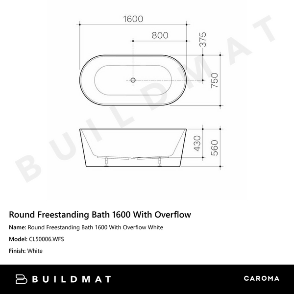 Caroma Round Freestanding Bath 1600 With Overflow White