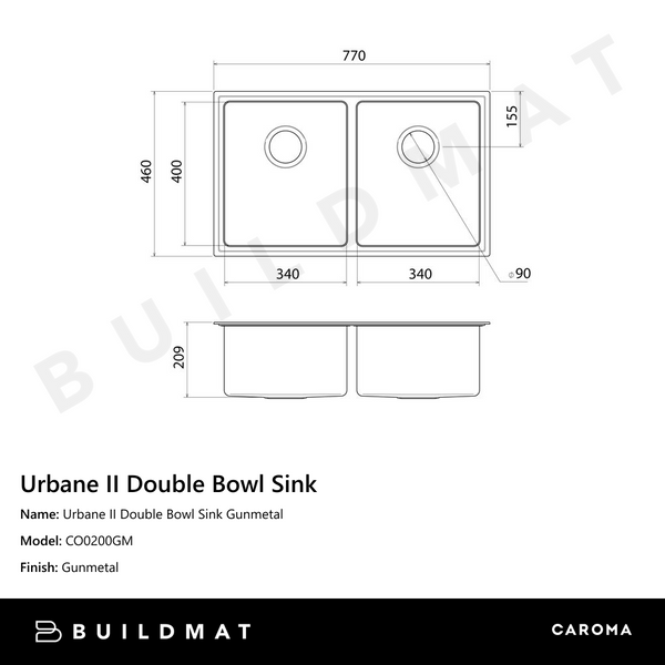 Caroma Urbane II Double Bowl Sink Gunmetal