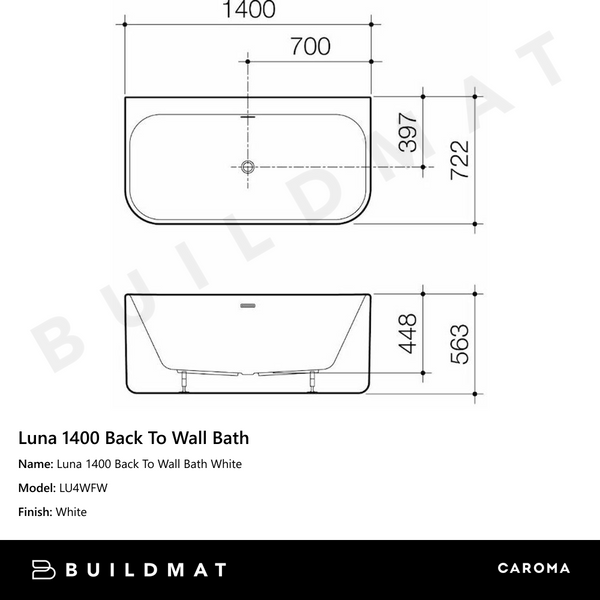 Caroma Luna 1400 Back To Wall Bath White