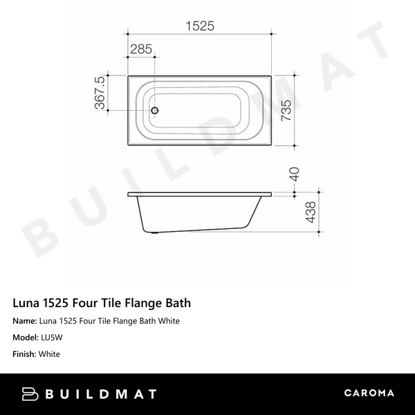 Caroma Luna 1525 Four Tile Flange Bath White