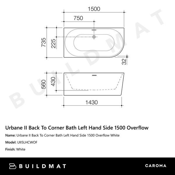 Caroma Urbane II Back To Corner Bath Left Hand Side 1500 Overflow White