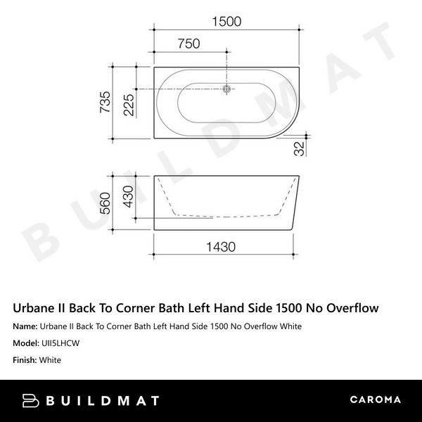Caroma Urbane II Back To Corner Bath Left Hand Side 1500 No Overflow White