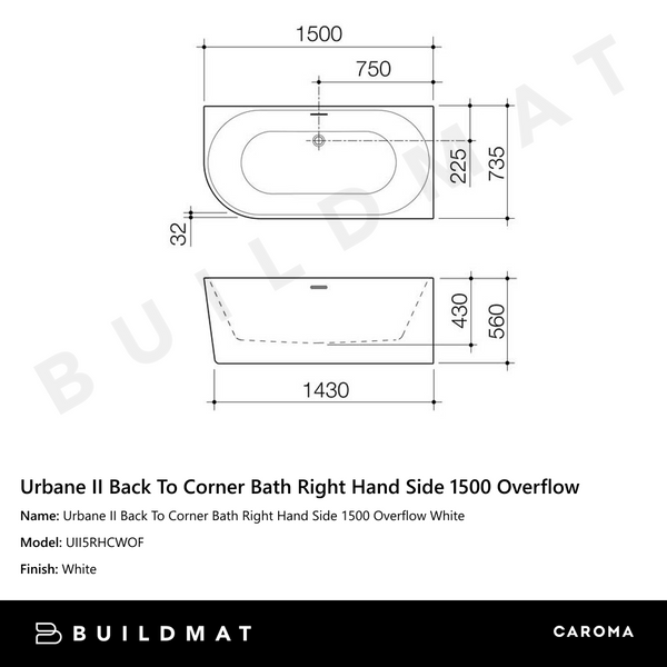 Caroma Urbane II Back To Corner Bath Right Hand Side 1500 Overflow White