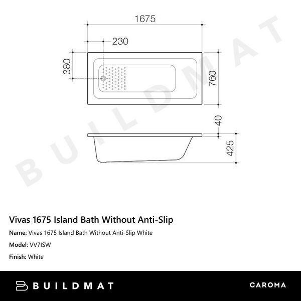 Caroma Vivas 1675 Island Bath Without Anti-Slip White