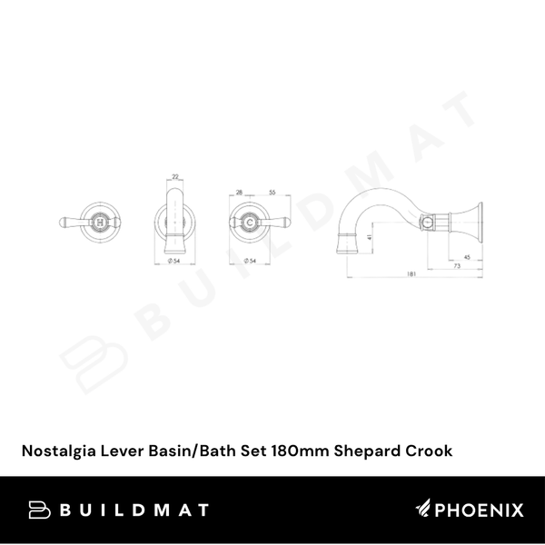 Phoenix Nostalgia Lever Basin / Bath Set 180mm Shepherds Crook Chrome Lead Free