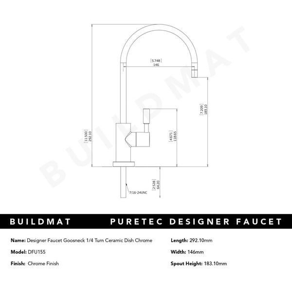 Puretec Designer Faucet Gooseneck 1/4 Ceramic Disk Chrome Filter Tap