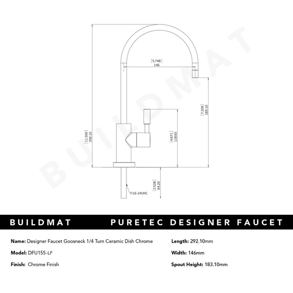 Puretec Designer Faucet Gooseneck 1/4 Ceramic Disk Chrome Filter Tap Lead Free