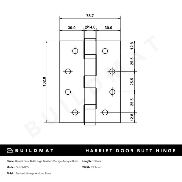 Alma Harriet Door Butt Hinge Brushed Vintage Antique Brass
