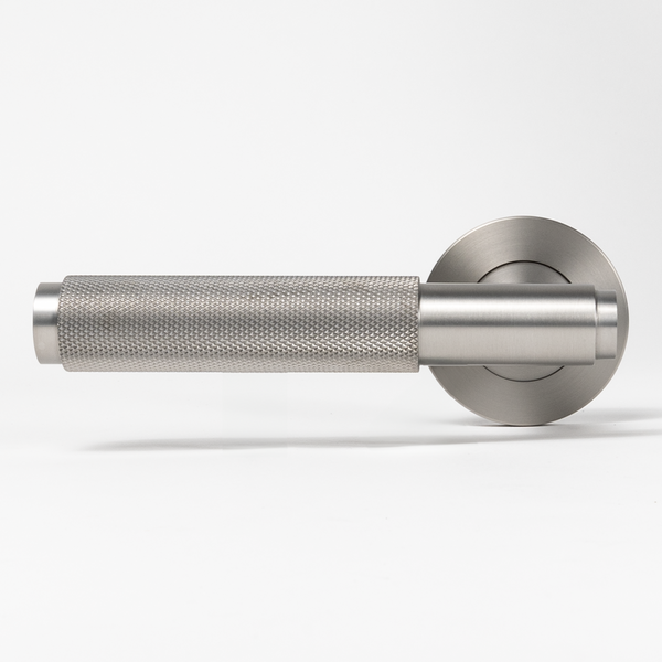 Alma Brushed Nickel Door Handle Knurled with Linear Lock Set
