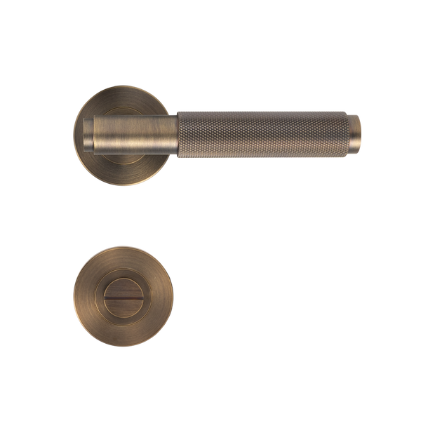 Alma Brushed Vintage Antique Brass Door Handle Knurled with Linear Lock Set