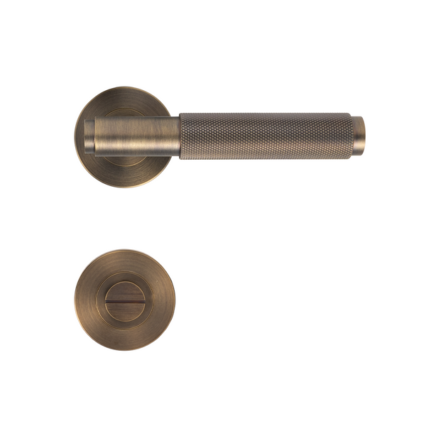 Alma Brushed Vintage Antique Brass Door Handle Knurled with Linear Lock Set