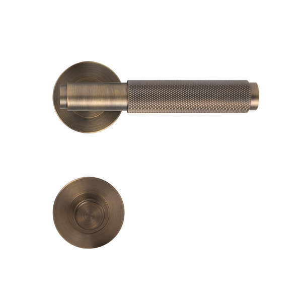 Alma Brushed Vintage Antique Brass Door Handle Knurled with Linear Lock Set