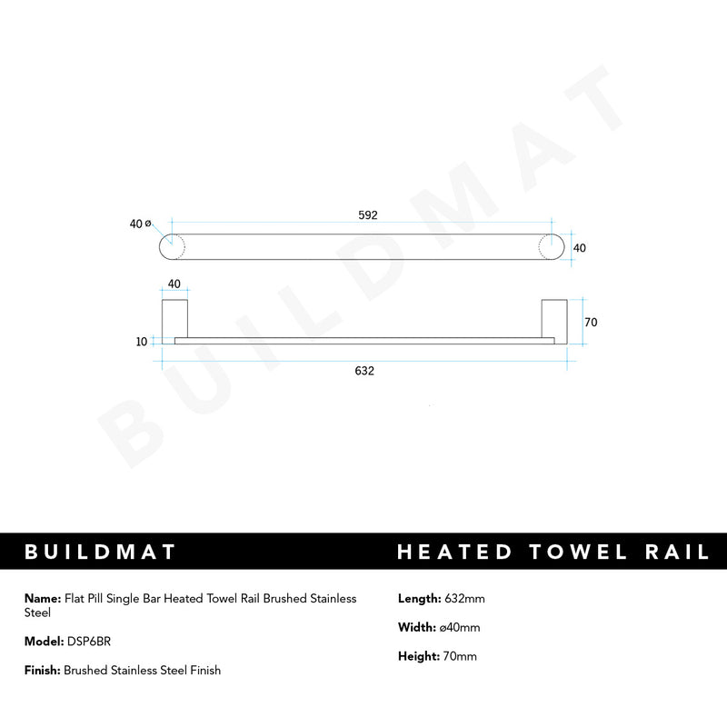 Flat Pill Single Bar Heated Towel Rail Brushed Stainless Steel