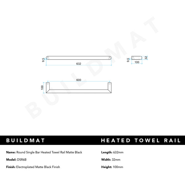 Thermogroup Round Single Bar Heated Towel Rail Matte Black