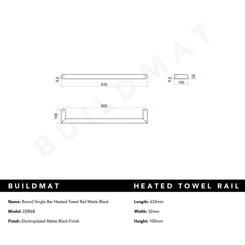 Thermogroup Round Single Bar Heated Towel Rail Matte Black – Buildmat
