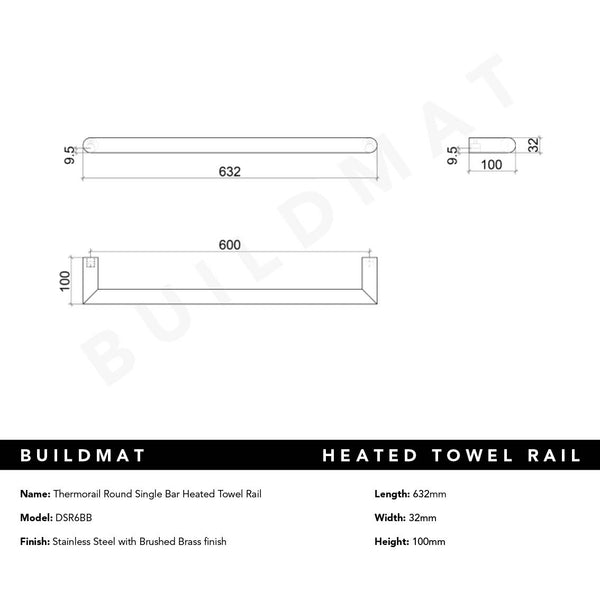 Thermogroup Round Single Bar Heated Towel Rail Brushed Brass