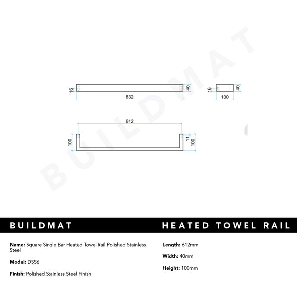 Thermogroup Square Single Bar Heated Towel Rail Polished Stainless Steel