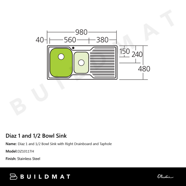 Oliveri Diaz 1 And 1/2 Bowl Sink With Right Drainboard and Taphole Stainless Steel