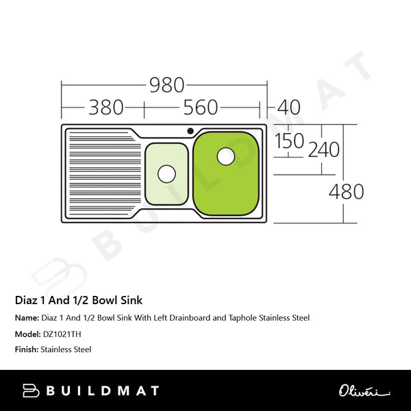 Oliveri Diaz 1 And 1/2 Bowl Sink With Left Drainboard and Taphole Stainless Steel