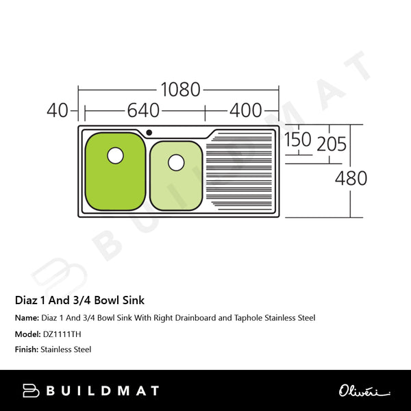 Oliveri Diaz 1 And 3/4 Bowl Sink With Right Drainboard and Taphole Stainless Steel
