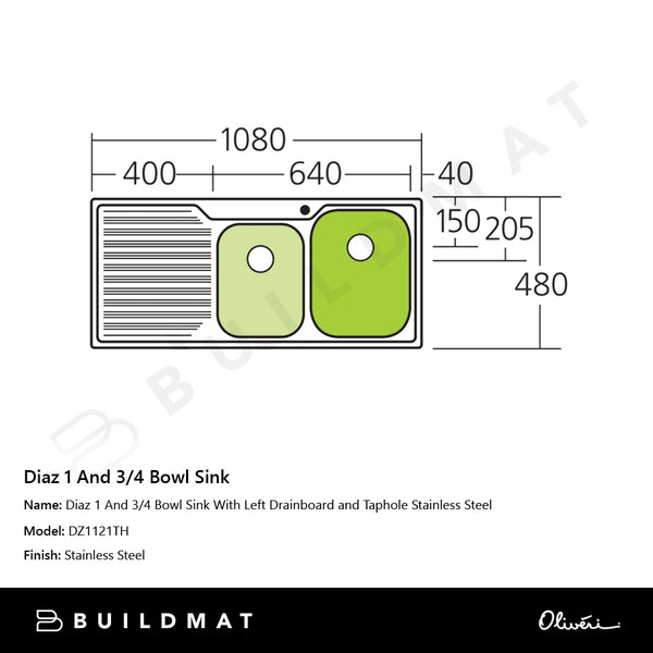 Oliveri Diaz 1 And 3/4 Bowl Sink With Left Drainboard and Taphole Stainless Steel