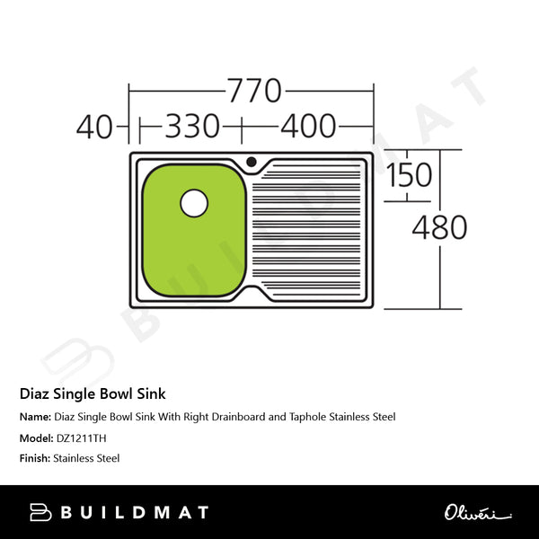 Oliveri Diaz Single Bowl Sink With Right Drainboard and Taphole Stainless Steel