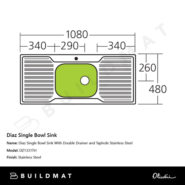 Oliveri Diaz Single Bowl Sink With Double Drainer and Taphole Stainless Steel