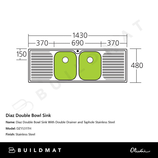 Oliveri Diaz Double Bowl Sink With Double Drainer and Taphole Stainless Steel
