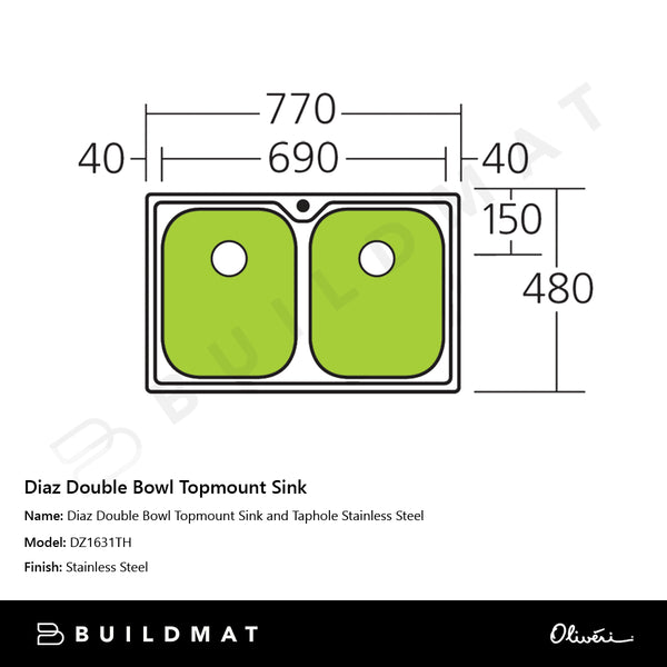 Oliveri Diaz Double Bowl Topmount Sink and Taphole Stainless Steel