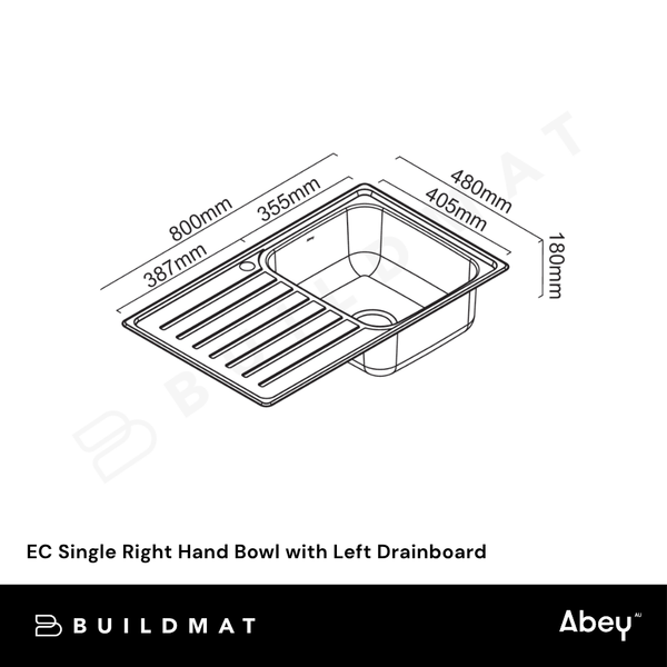 Abey EC Single Right Hand Bowl with Left Drainboard Stainless Steel
