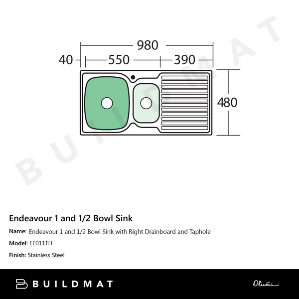 Oliveri Endeavour 1 And 1/2 Bowl Sink With Right Drainboard and Taphole Stainless Steel
