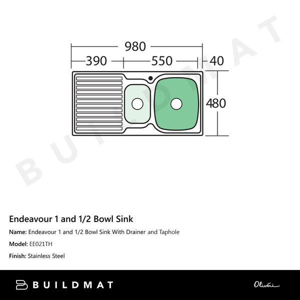Oliveri Endeavour 1 And 1/2 Bowl Sink With Left Drainboard and Taphole Stainless Steel