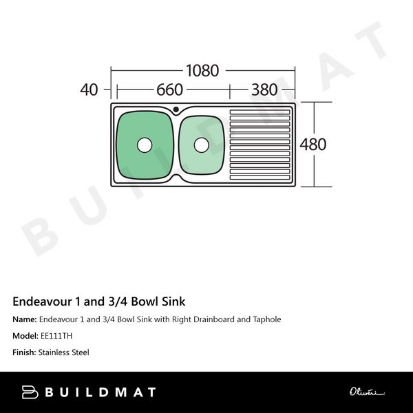 Oliveri Endeavour 1 And 3/4 Bowl Sink With Right Drainboard and Taphole Stainless Steel