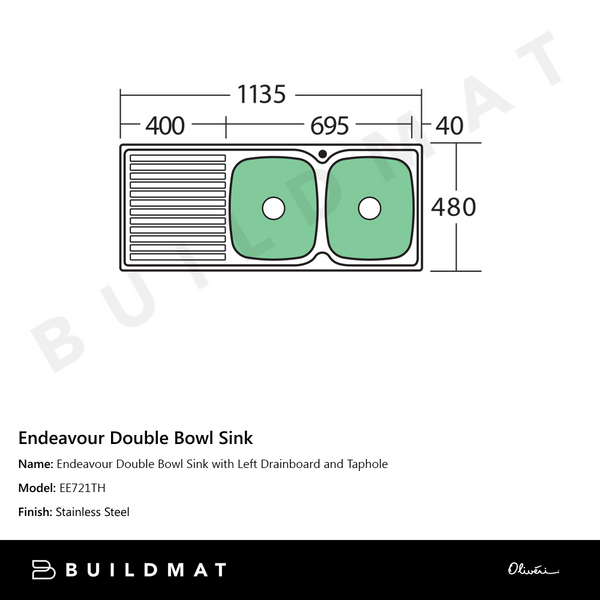 Oliveri Endeavour Double Bowl Sink With Left Drainboard and Taphole Stainless Steel