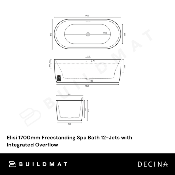 Decina Elisi 1700mm Freestanding Spa Bath 12-Jets with Integrated Overflow Gloss White